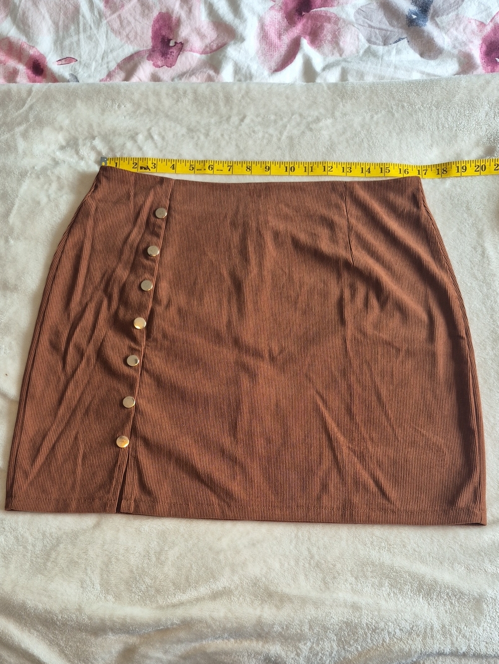 Button-Trim Brown Ribbed Mini Skirt